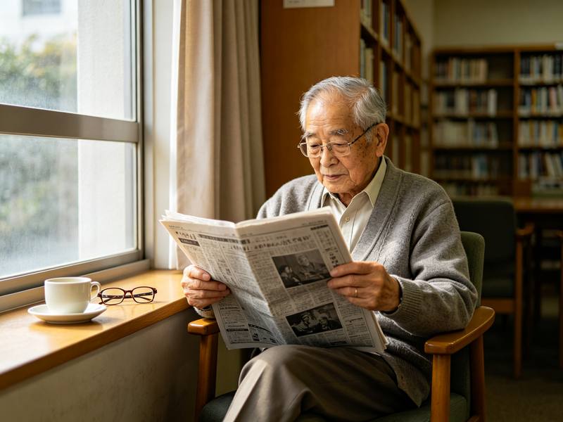 阅览室看报纸，老花镜不离手